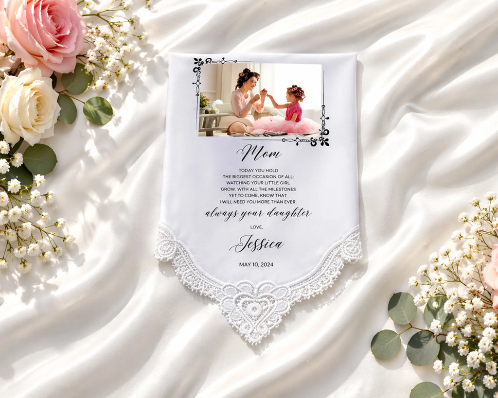 Greeting card with photo of a woman and child on a white fabric background with flowers.