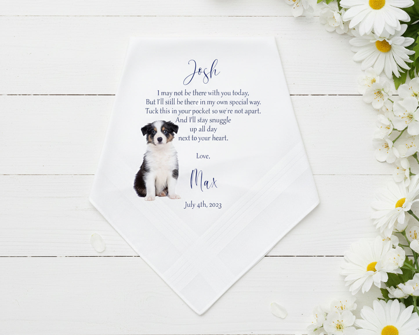 Custom photo handkerchief for groom from his dog with personalized message and date made in the usa