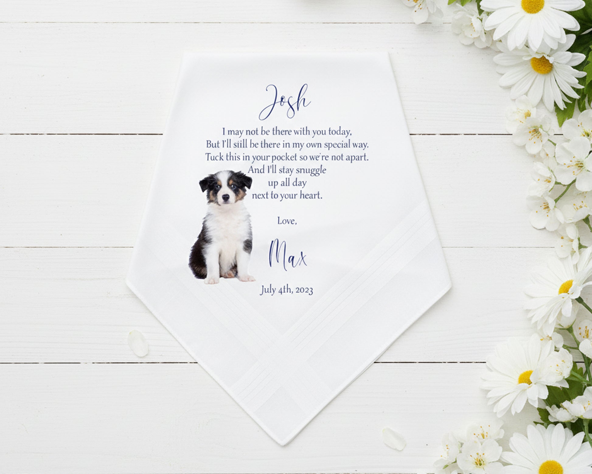 Custom photo handkerchief for groom from his dog with personalized message and date made in the usa