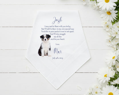 Custom photo handkerchief for groom from his dog with personalized message and date made in the usa