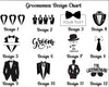 Groomsman design chart with various tuxedo and bow tie illustrations.