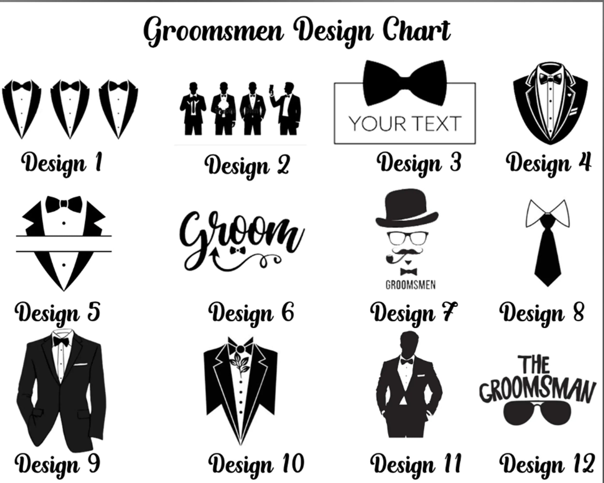 Groomsman design chart with various tuxedo and bow tie illustrations.