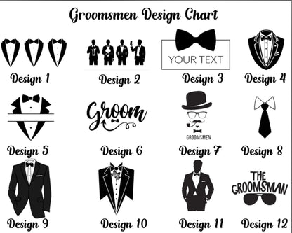 Groomsman design chart with various tuxedo and bow tie illustrations.