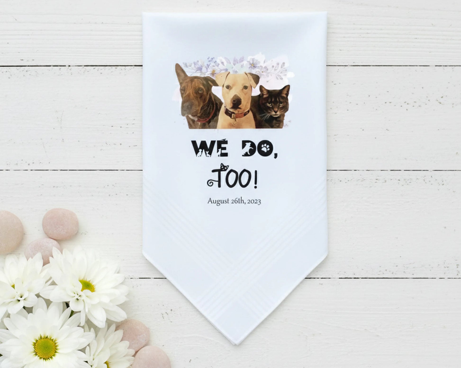 White lace edged handkerchief featuring a printed photo of two women and a message in a handwritten font from Mom to Brooke