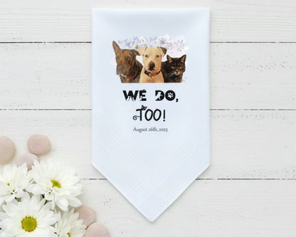 White lace edged handkerchief featuring a printed photo of two women and a message in a handwritten font from Mom to Brooke