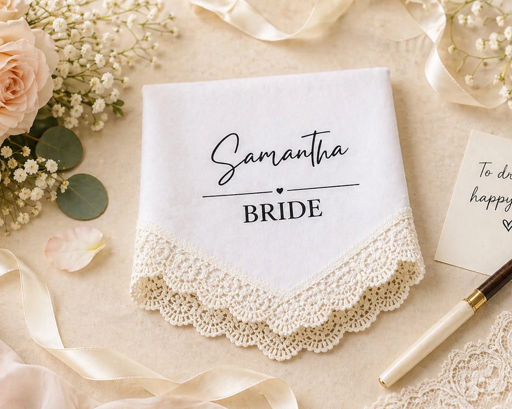 Hanky with 'Samantha Bride' text on a decorative background with flowers and ribbons.