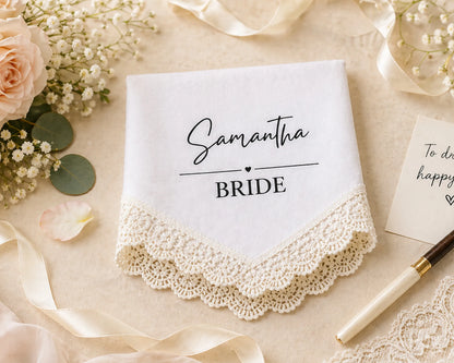 Hanky with 'Samantha Bride' text on a decorative background with flowers and ribbons.