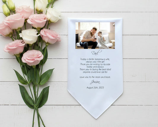White pointed wedding handkerchief with a photo of a father and young daughter and a poem about holding hands