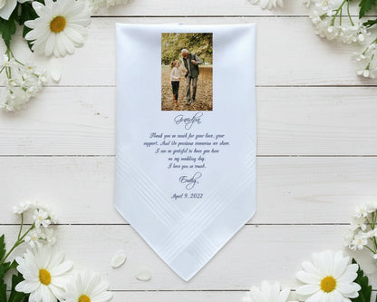 White pointed wedding handkerchief with a photo of a father and young daughter and a poem about holding hands