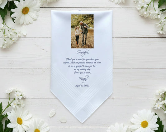 White pointed wedding handkerchief with a photo of a father and young daughter and a poem about holding hands