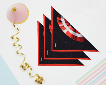 Folded cotton children’s pocket squares featuring heroic action graphics