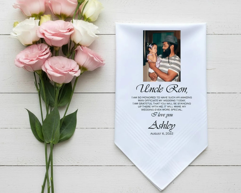 White lace edged handkerchief featuring a photo of a grandmother and child with a pet dog alongside a message of gratitude from Emily