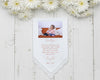 White lace trimmed handkerchief featuring a color photo of a bride with both parents and a congratulatory wedding day message