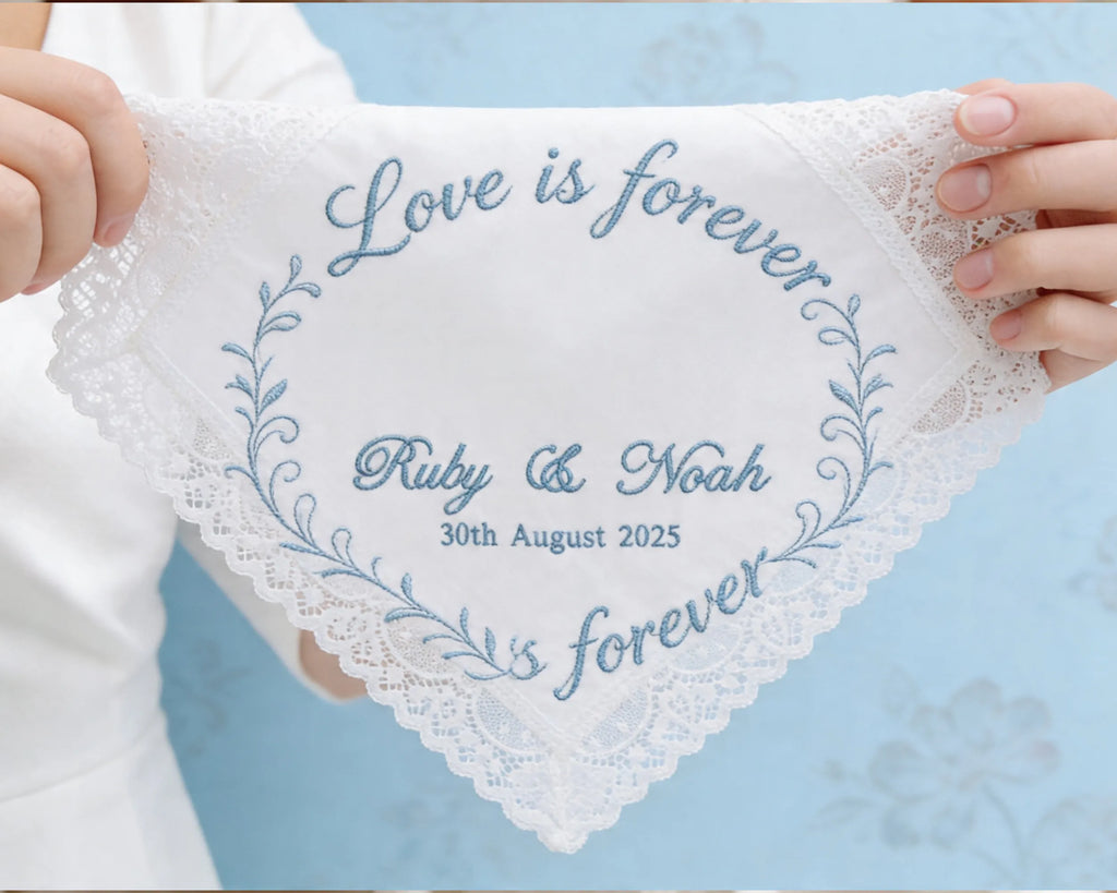 Lace handkerchief with embroidered text held by hands against a light blue background