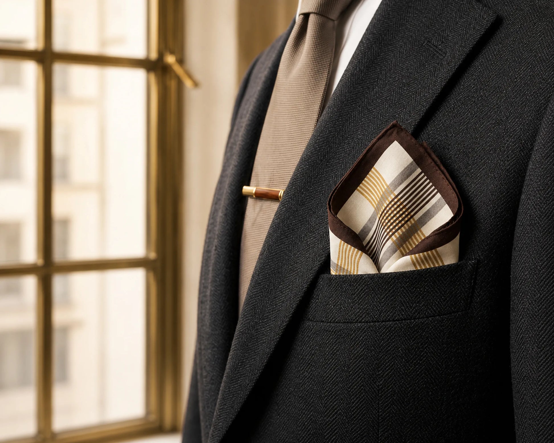 Man wearing a black suit with a patterned pocket square and brown tie, standing in front of a window.