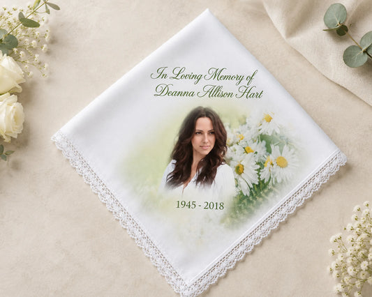 Memorial handkerchief with a photo of a woman and floral design on a beige background