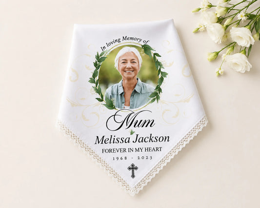 Memorial handkerchief with a photo of a woman and text on a beige background