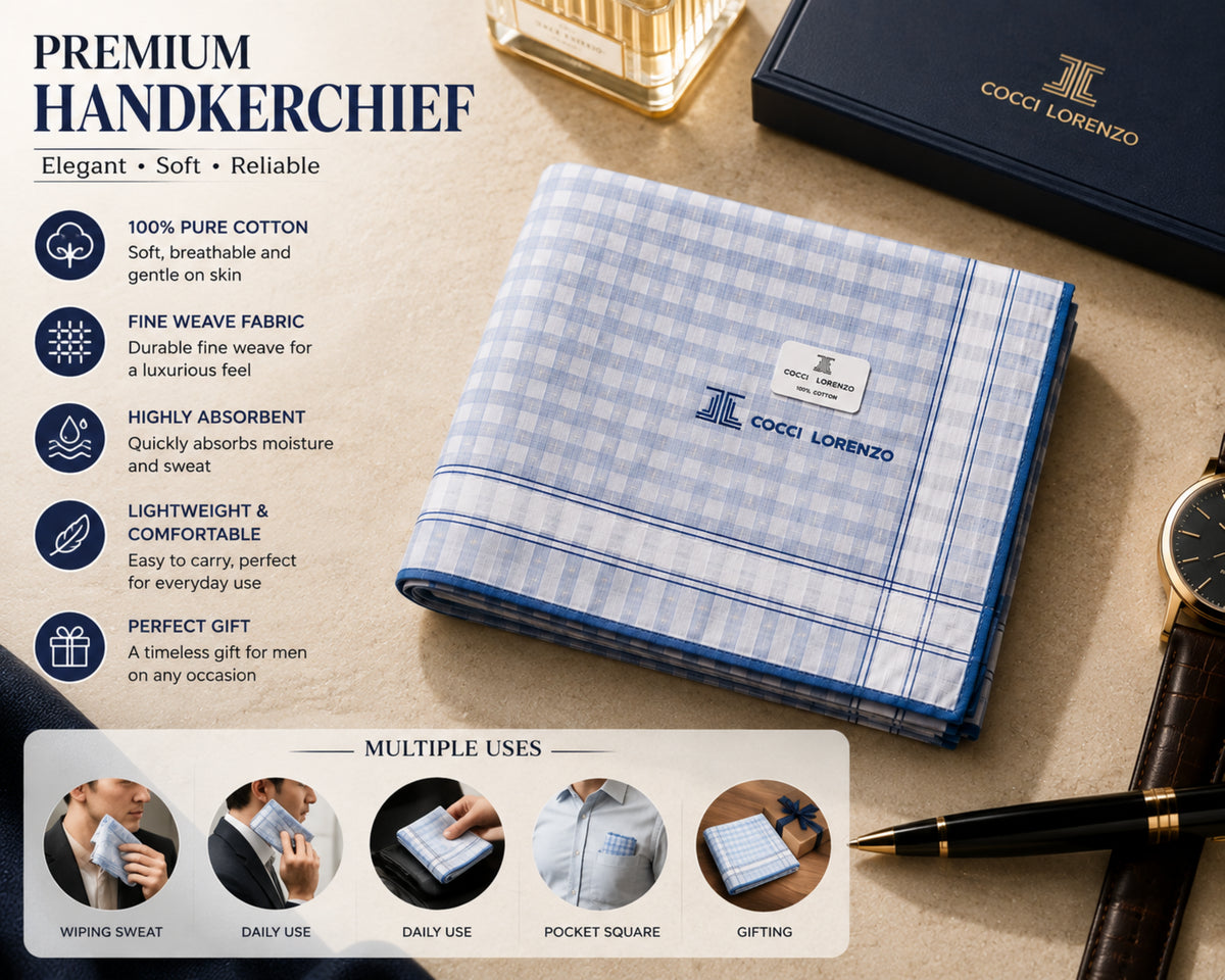 A blue and white checkered handkerchief from Cocci Lorenzo is displayed on a textured beige surface alongside a black watch, a black pen, and a branded black box. The left side features marketing text highlighting the fabric's softness, breathability, and absorbency, while the bottom shows multiple use cases for the handkerchief.