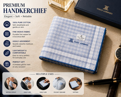 A blue and white checkered handkerchief from Cocci Lorenzo is displayed on a textured beige surface alongside a black watch, a black pen, and a branded black box. The left side features marketing text highlighting the fabric's softness, breathability, and absorbency, while the bottom shows multiple use cases for the handkerchief.