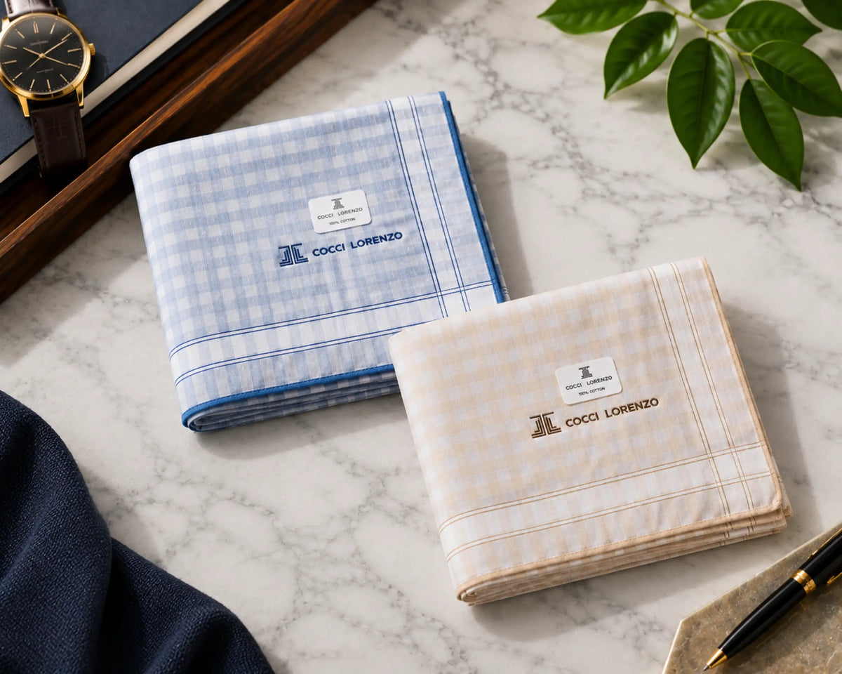 Two folded gingham pocket squares on a marble surface, one blue and one beige, each with a small embroidered Cocco Lorenzo label. A watch, green leaves, and a pen are placed around them as styled props.
