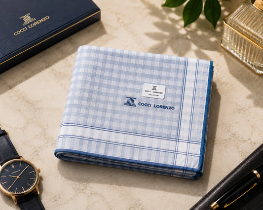 A folded blue and white gingham check pocket square with a white brand label reading COCCI LORENZO, styled on a beige marble surface with a navy watch, watch box, pen, and glass bottle nearby.