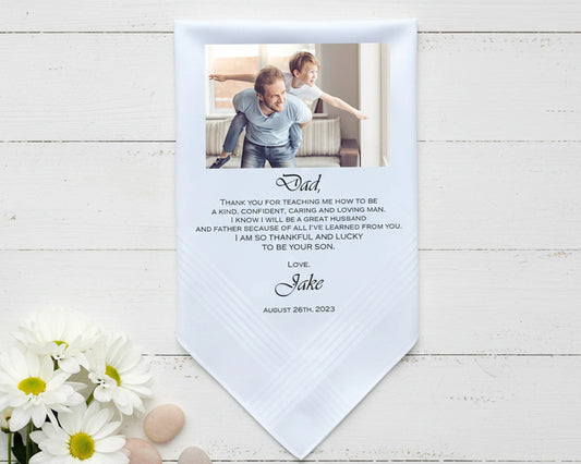 White cotton handkerchief featuring a photo of a father and daughter looking at a phone alongside pink roses