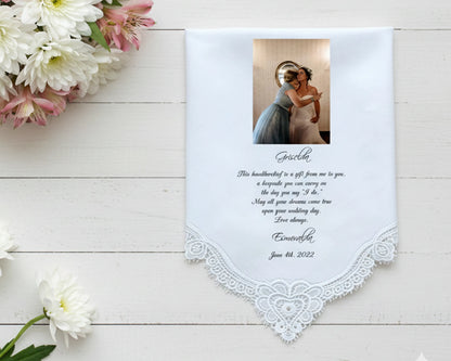 Pointed white cotton handkerchief featuring a color photo of two siblings and a dedicated message to a brother