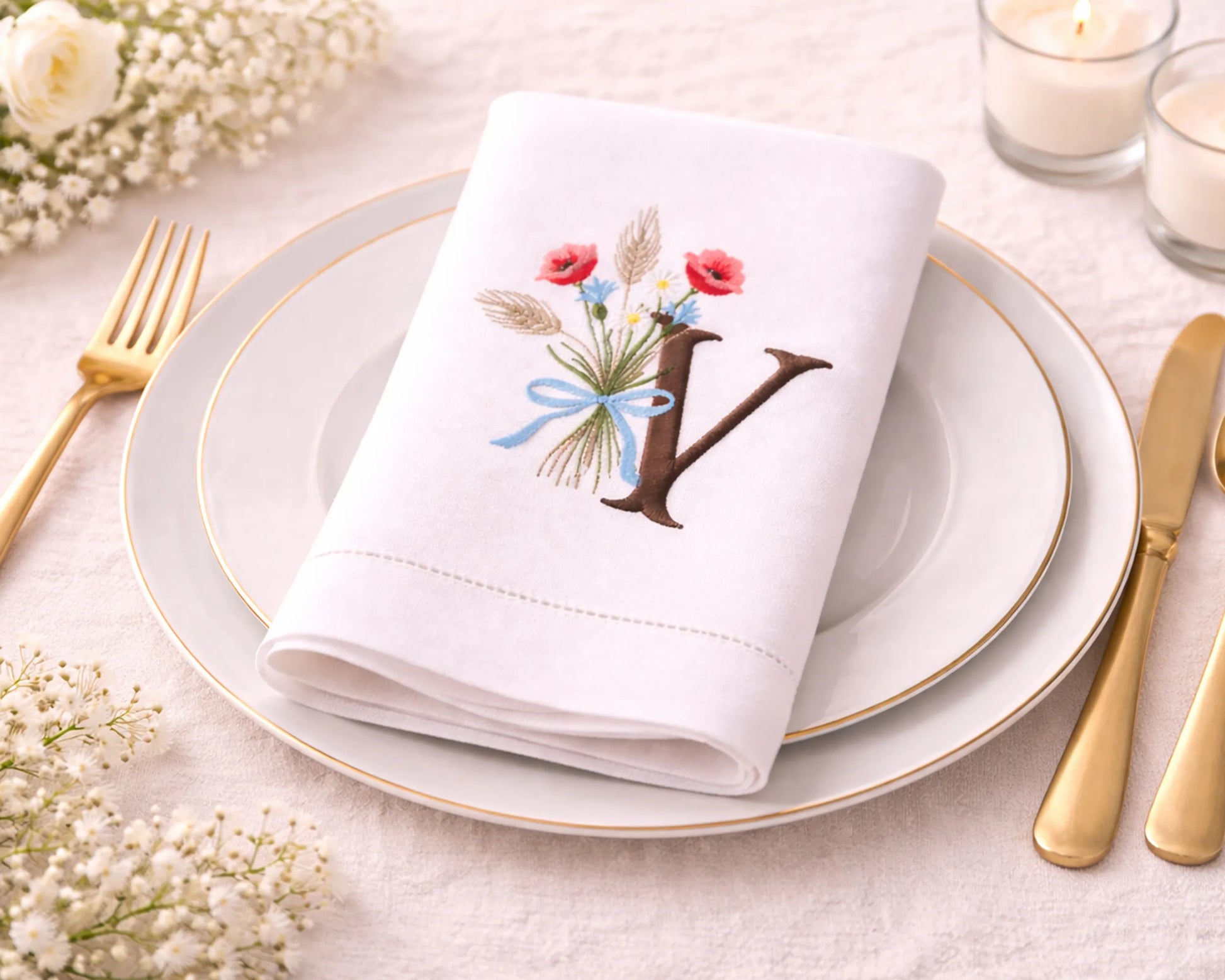 Napkin with floral design and letter 'Y' on a table setting with plates, cutlery, and candles.