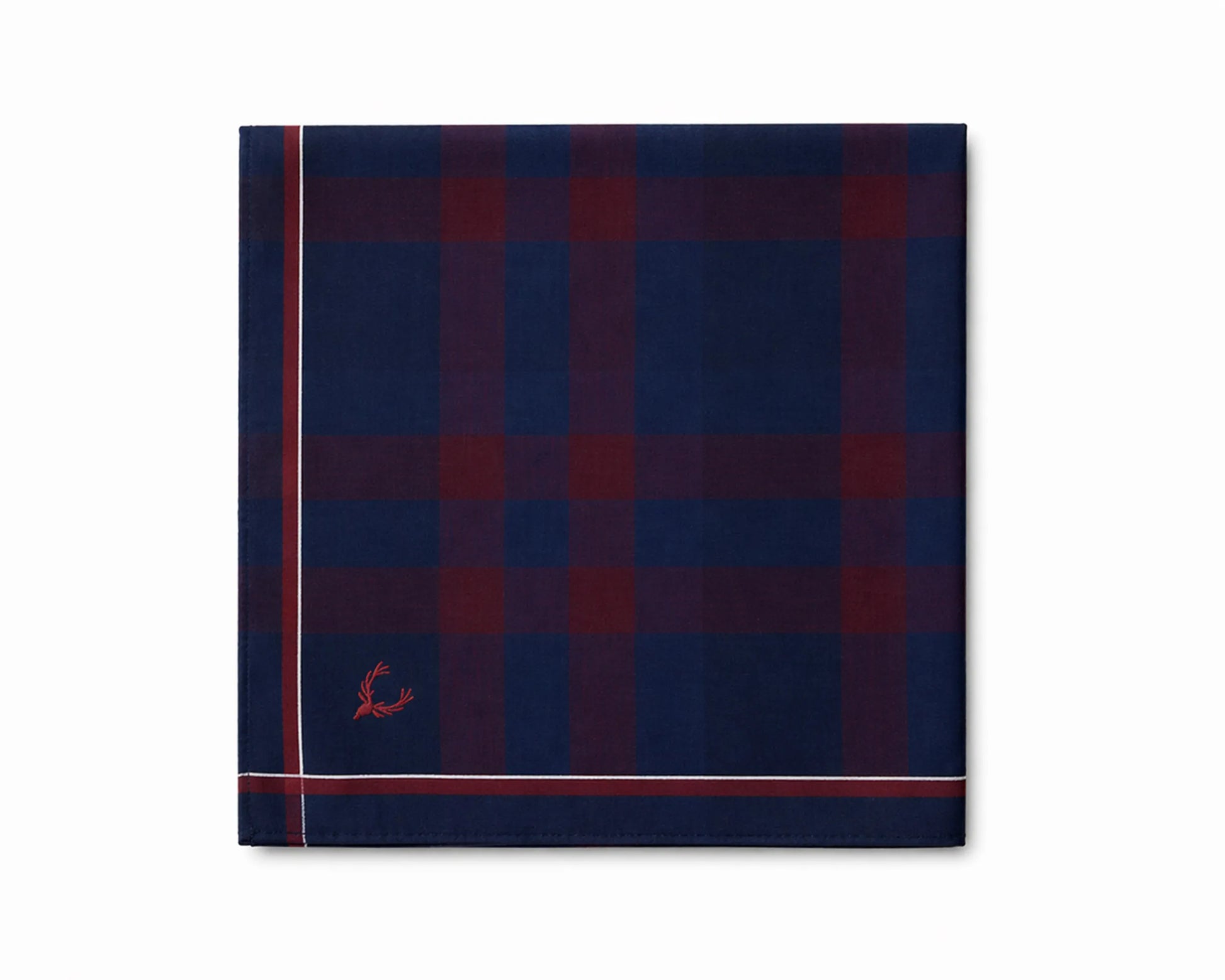 Navy and red checkered pocket square with a small logo on a white background