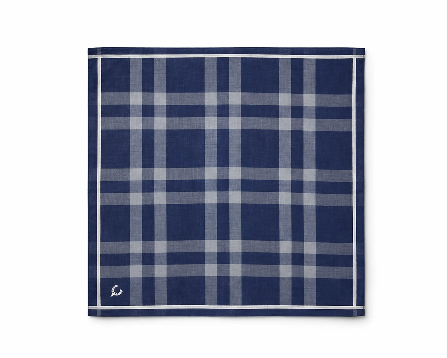 Navy blue and gray plaid pocket square on a white background