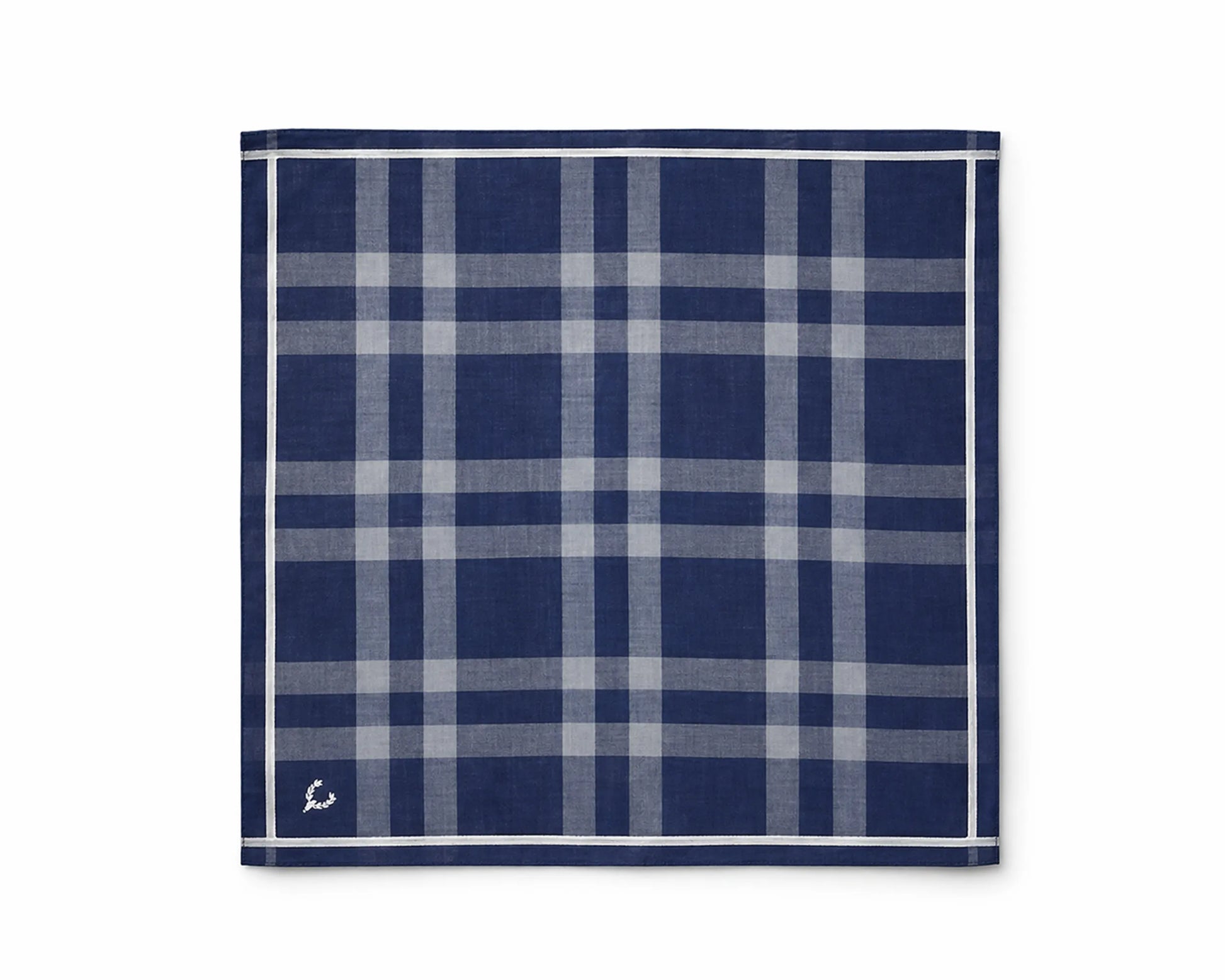 Navy blue and gray plaid pocket square on a white background