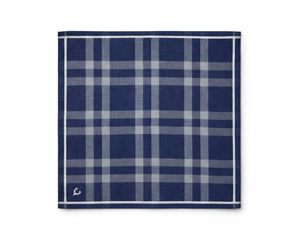 Navy blue and gray plaid pocket square on a white background
