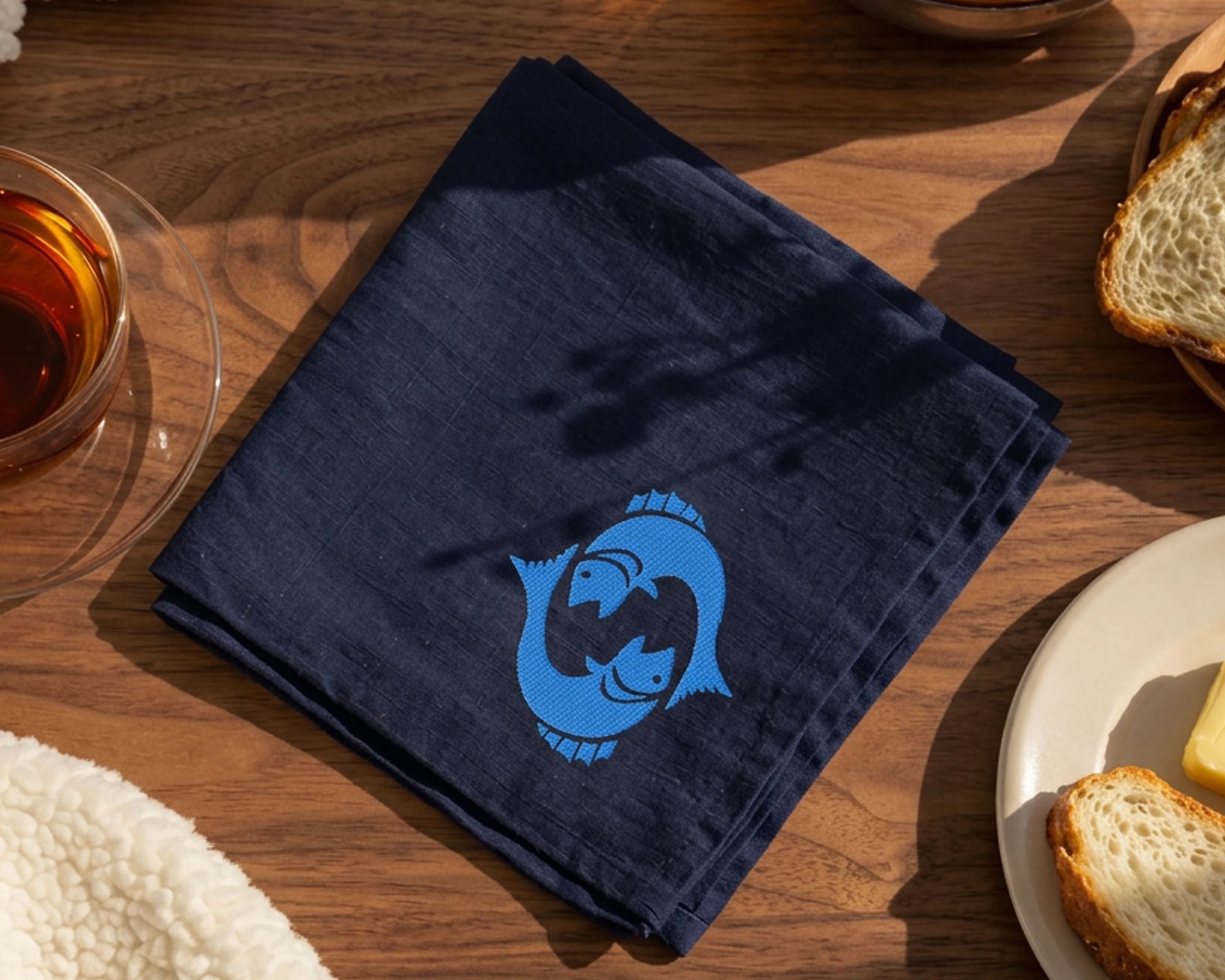 Navy blue handkerchief with a blue fish design on a wooden table with food items.