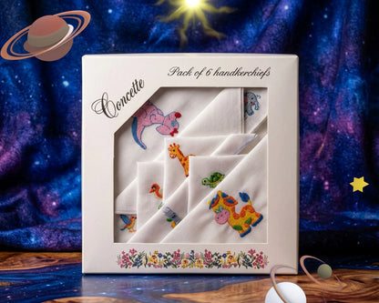 Pack of 6 handkerchiefs with animal designs in a decorative box against a space-themed background.