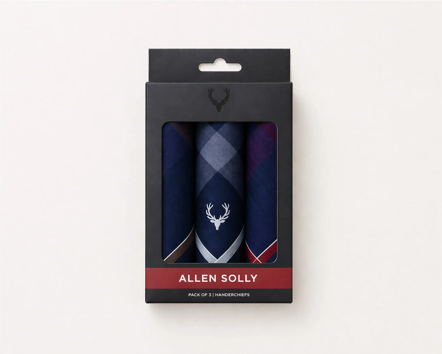 Pack of three handkerchiefs in a Allen Solly packaging on a white background
