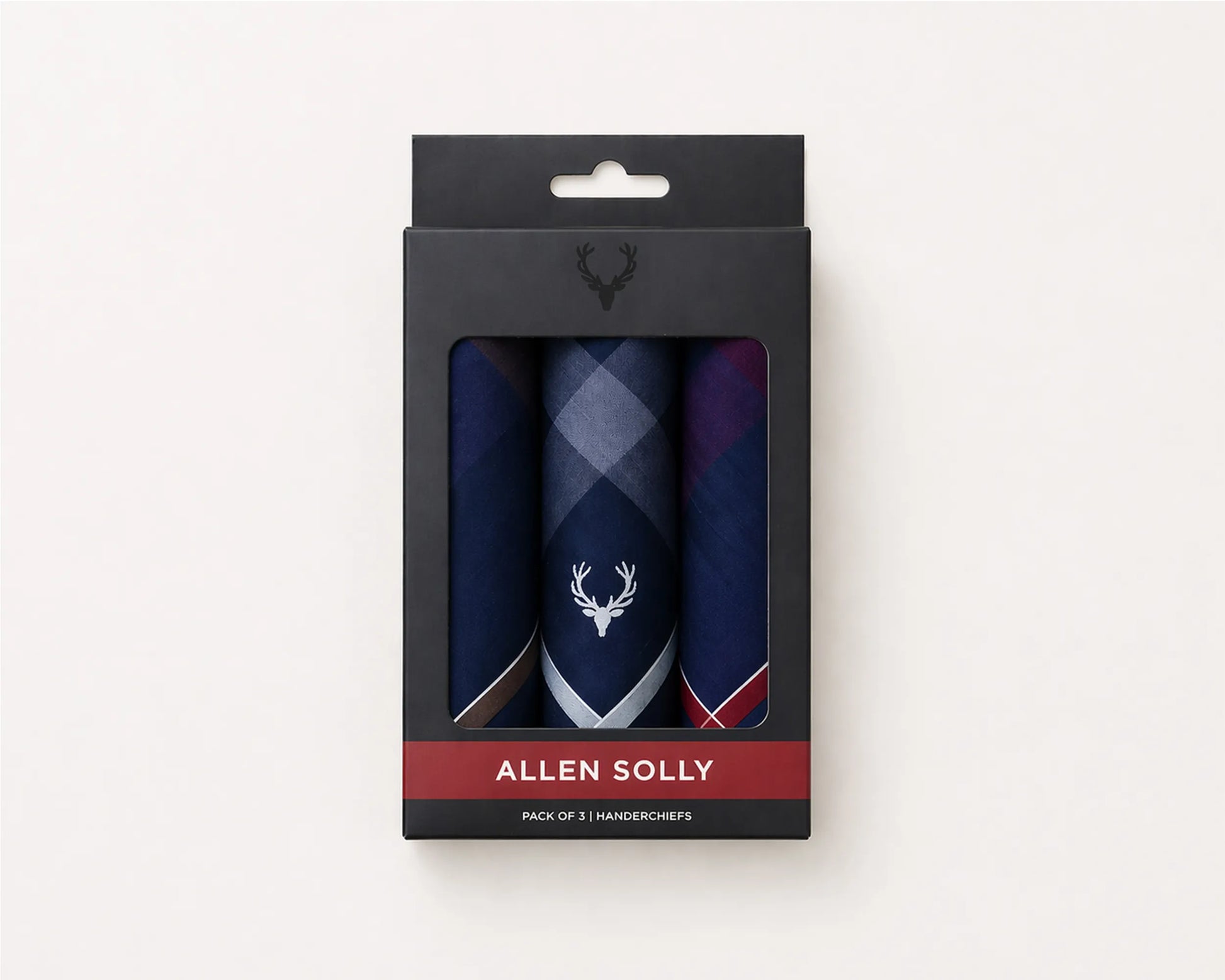 Pack of three handkerchiefs in a Allen Solly packaging on a white background