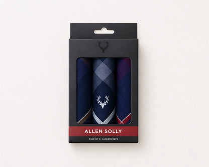 Pack of three handkerchiefs in a Allen Solly packaging on a white background