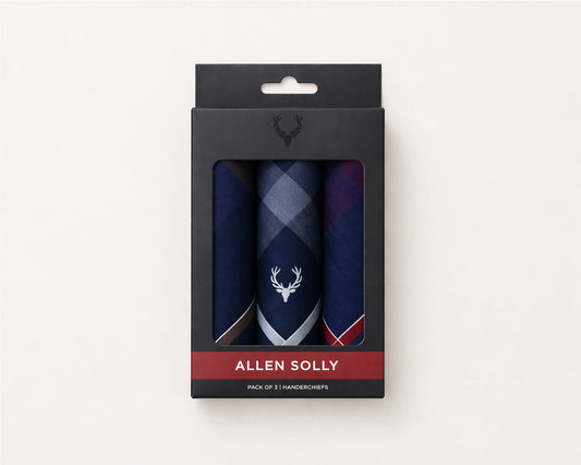 Pack of three handkerchiefs in a Allen Solly packaging on a white background