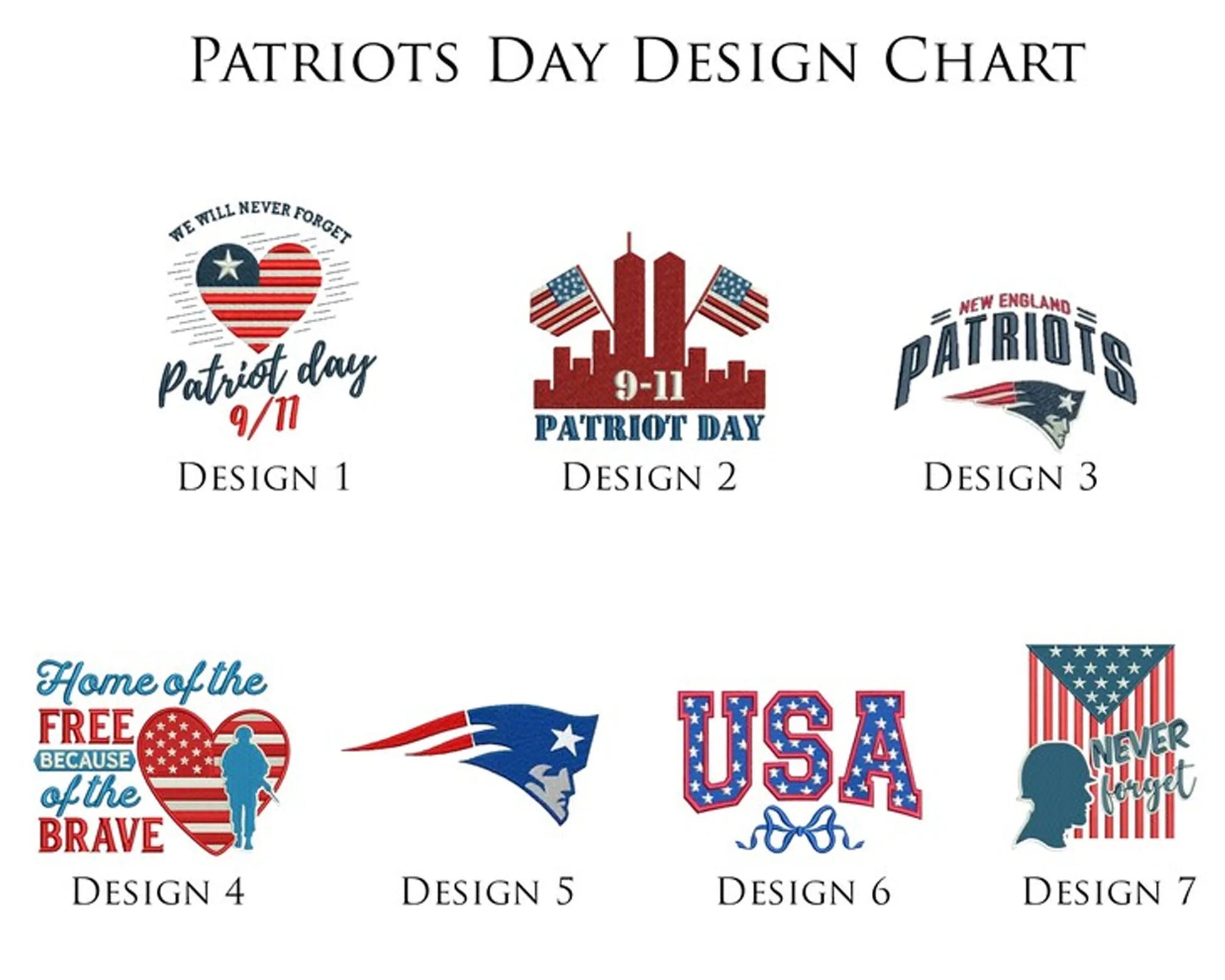 Patriots Day design chart with various logos and text on a white background