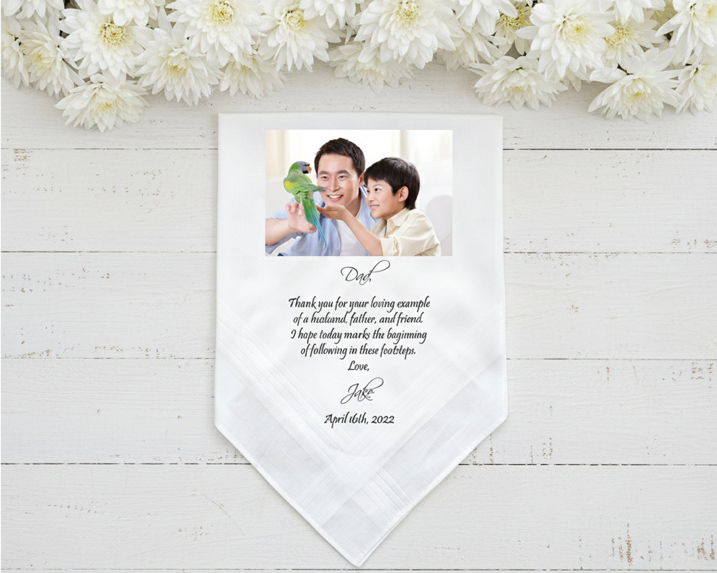 Custom photo wedding handkerchief for dad from daughter with personalized message made in the usa