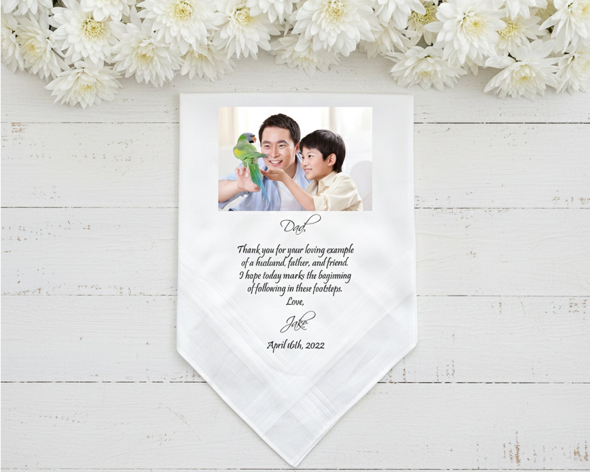 Custom photo wedding handkerchief for dad from daughter with personalized message made in the usa