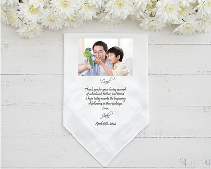 Custom photo wedding handkerchief for dad from daughter with personalized message made in the usa