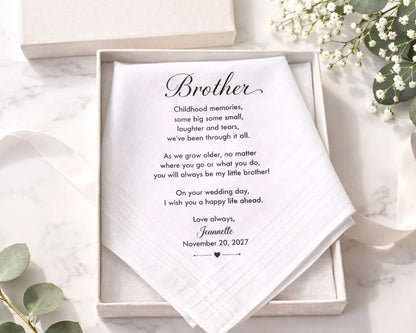 Personalized card for a brother on a wedding day, placed in an open box with decorative elements.