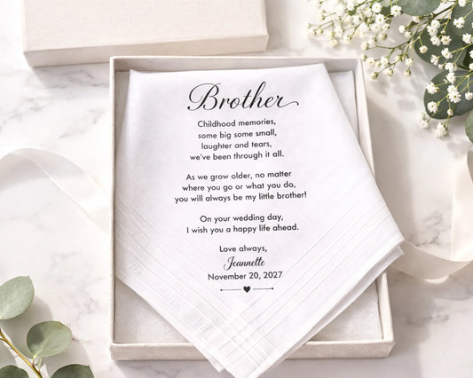 Personalized card for a brother on a wedding day, placed in an open box with decorative elements.