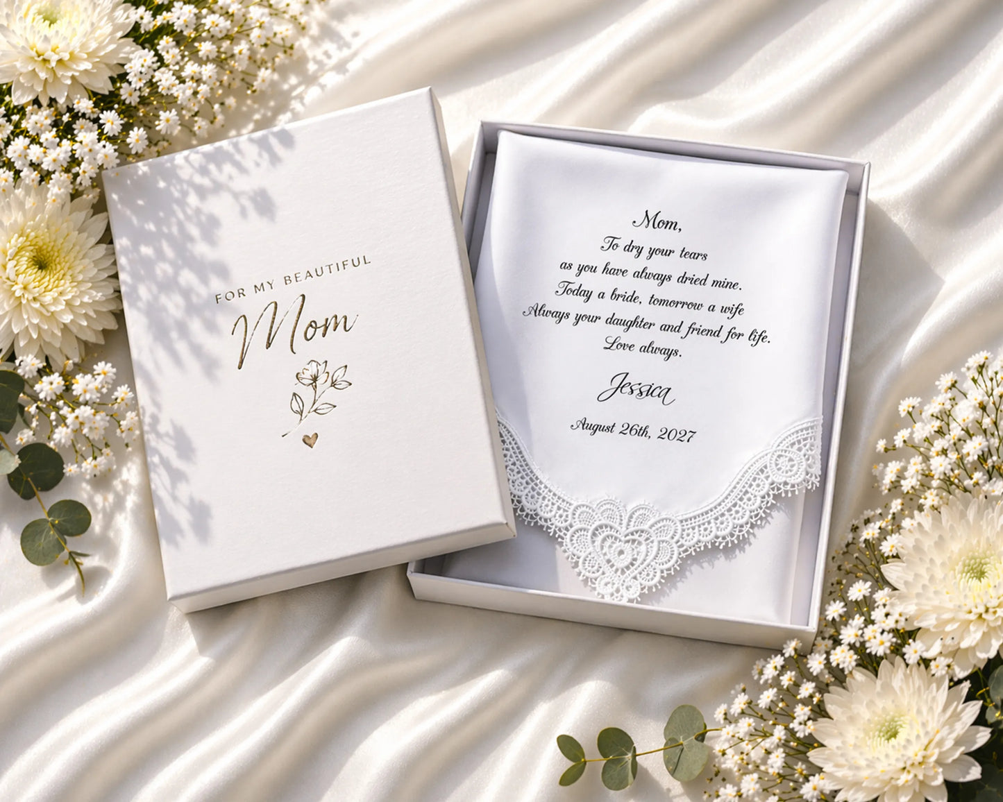 Personalized card for a mother with floral decorations on a soft fabric background