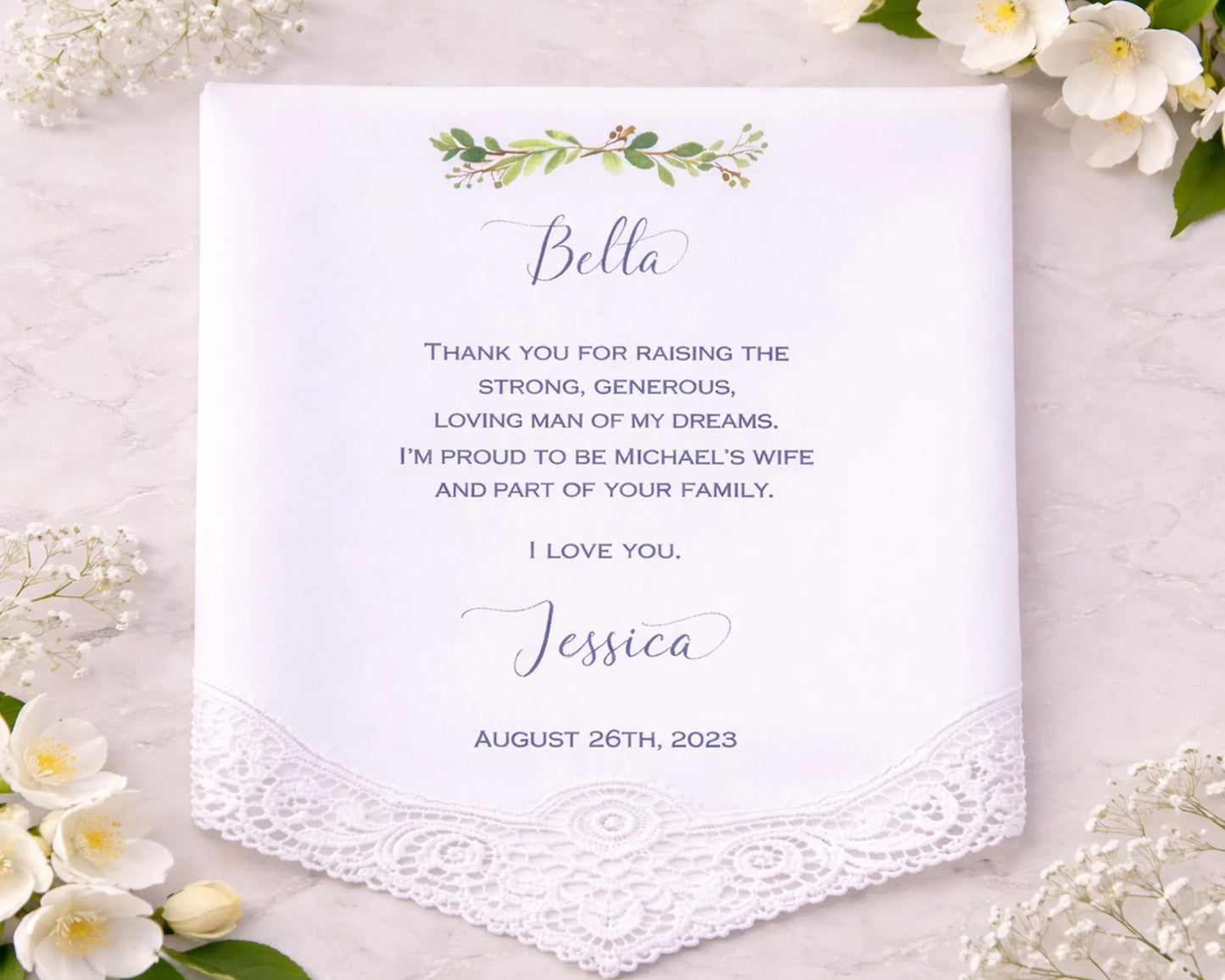Personalized card with floral design and text on a light background