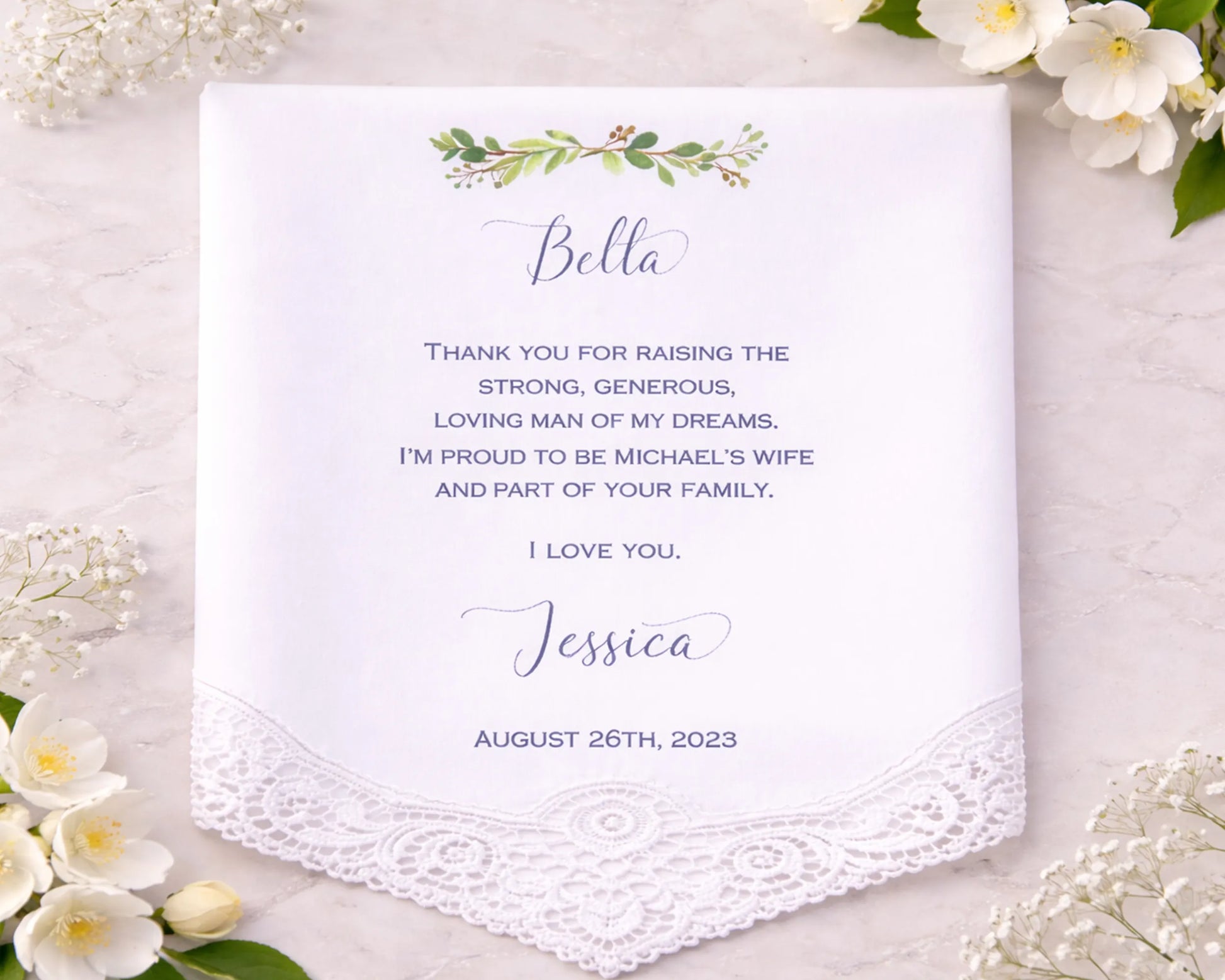 Personalized card with floral design and text on a light background