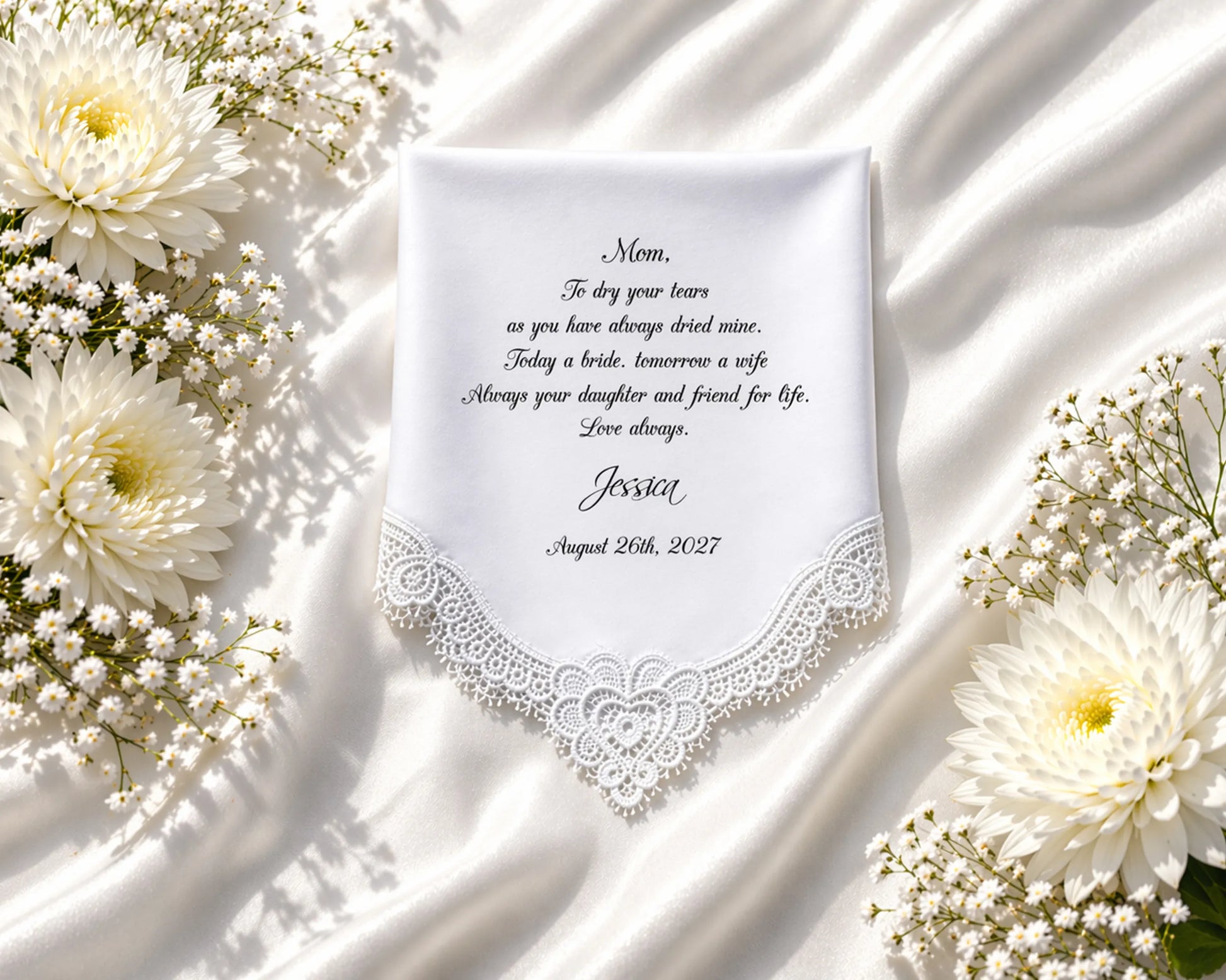 Personalized card with text on a white fabric background with flowers