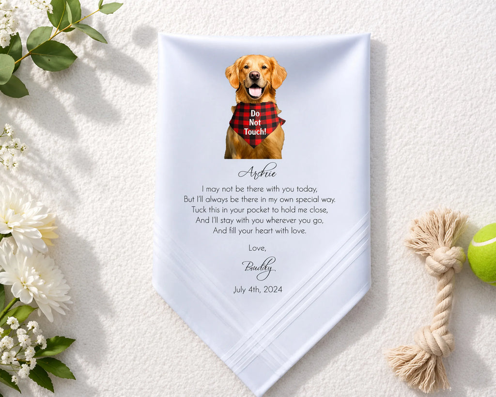 Personalized dog wedding hanky with a golden retriever illustration and text on a white background.