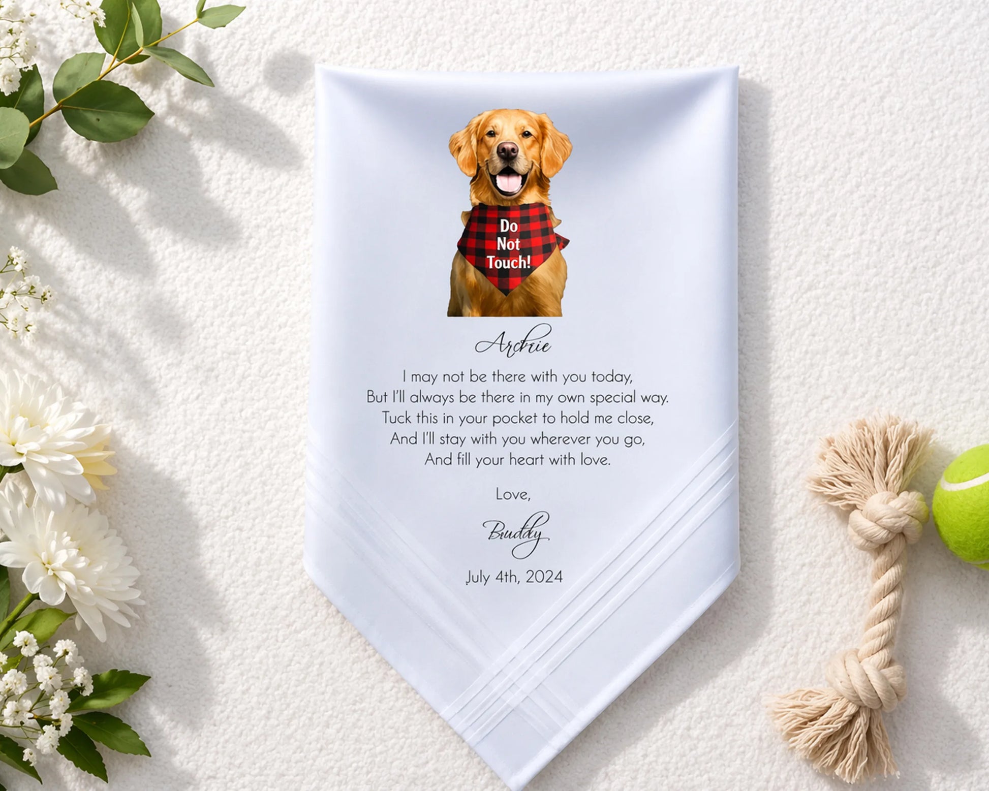 Personalized dog wedding hanky with a golden retriever illustration and text on a white background.